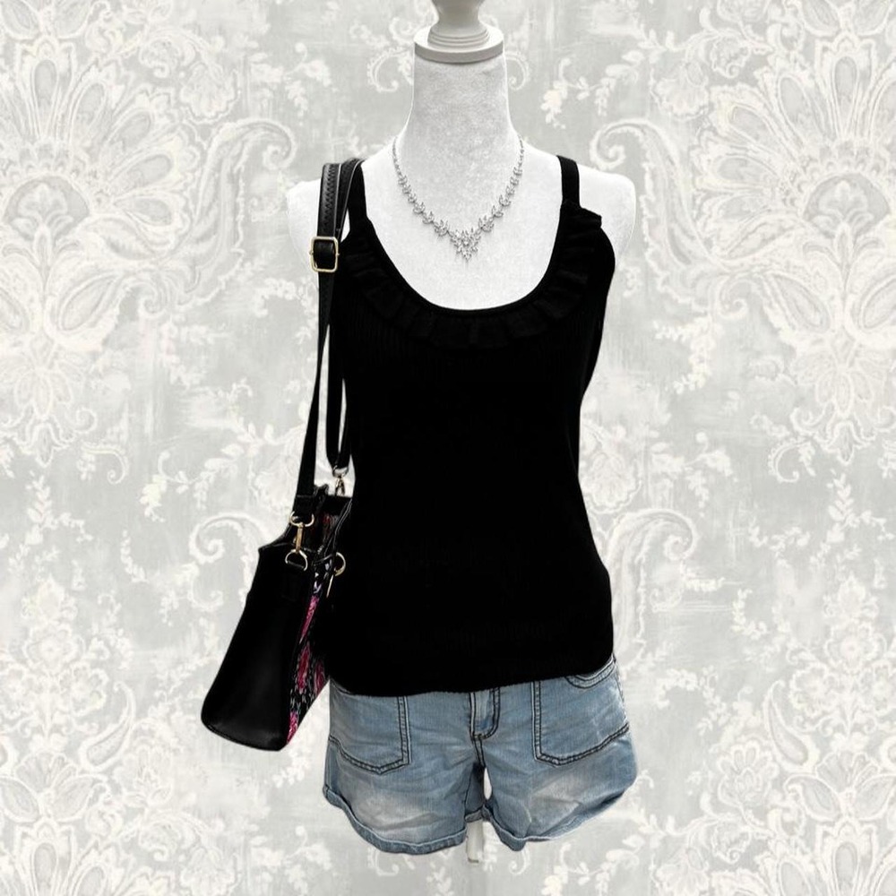 Larry Levine Black Ribbed Tank Basic Chic Minimalist Y2K